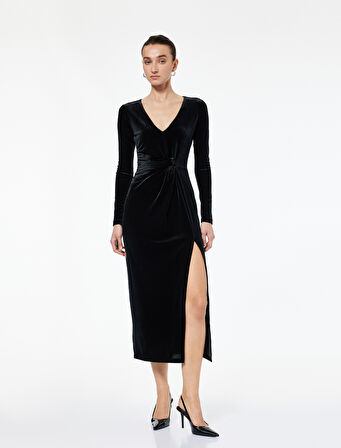 Uzun Kollu V Yaka Yırtmaç Detaylı Slim Fit Midi Elbise