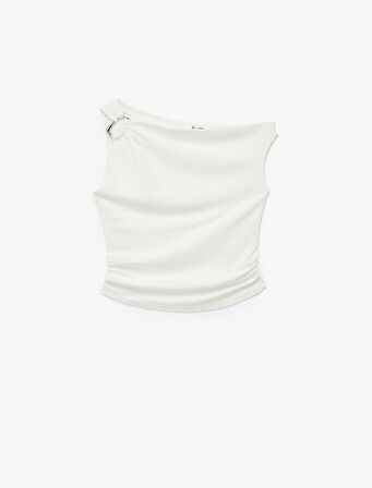 Slim Fit Metal Aksesuarlı Drapeli Asimetrik Yaka Kolsuz Bluz