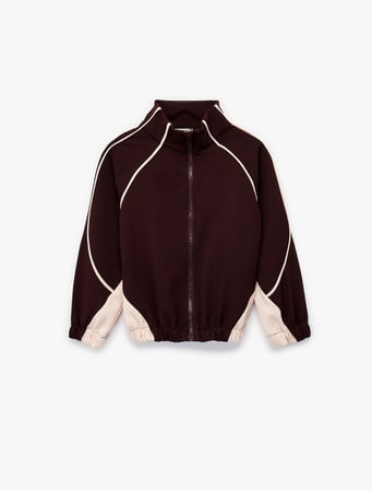 Renk Bloklu Dik Yaka Uzun Kollu Fermuarlı Ceket