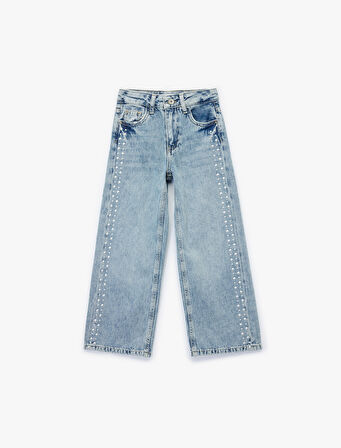 Pamuklu Rahat Kesim Zımba Detaylı Geniş Paça Denim Pantolon