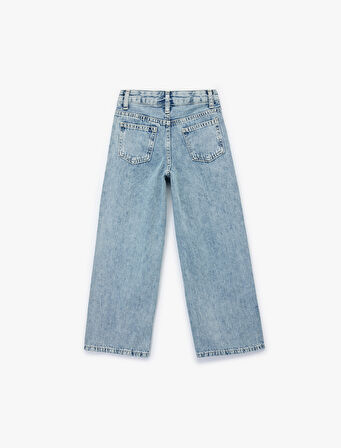 Pamuklu Rahat Kesim Zımba Detaylı Geniş Paça Denim Pantolon