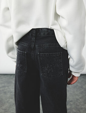Yıldız Desenli Bol Kalıp Pamuklu Geniş Paça Denim Pantolon