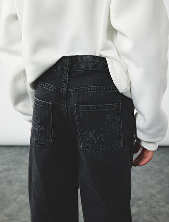 Yıldız Desenli Bol Kalıp Pamuklu Geniş Paça Denim Pantolon