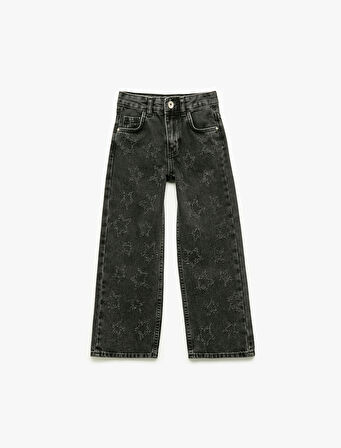 Yıldız Desenli Bol Kalıp Pamuklu Geniş Paça Denim Pantolon