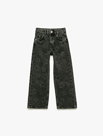 Yıldız Desenli Bol Kalıp Pamuklu Geniş Paça Denim Pantolon