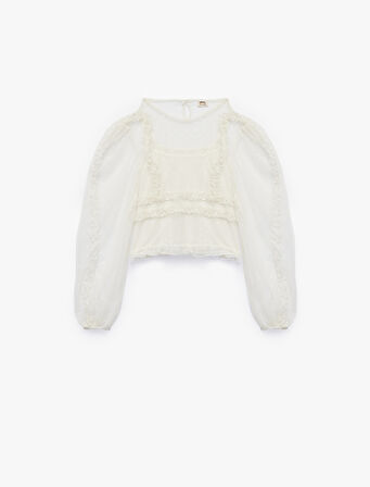 Fırfır Detaylı Bisiklet Yaka Balon Kollu Tül Detaylı Uzun Kollu Bluz