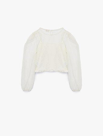 Fırfır Detaylı Bisiklet Yaka Balon Kollu Tül Detaylı Uzun Kollu Bluz