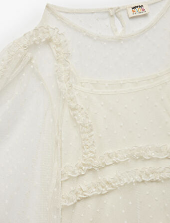 Fırfır Detaylı Bisiklet Yaka Balon Kollu Tül Detaylı Uzun Kollu Bluz