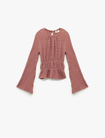 Uzun İspanyol Kollu Lastik Detaylı Bürümcük Bisiklet Yaka Bluz