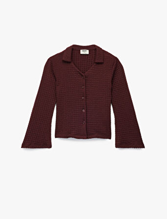 Düğme Detaylı Dokulu Gömlek Yaka Uzun Kollu Bluz