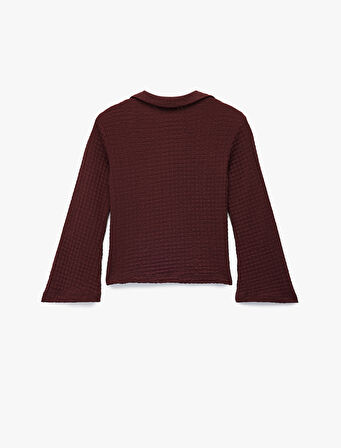 Düğme Detaylı Dokulu Gömlek Yaka Uzun Kollu Bluz