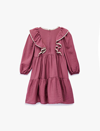 Uzun Kollu Bisiklet Yaka Volanlı Viskon Elbise