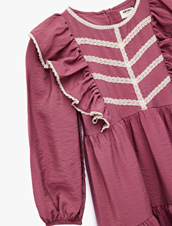 Uzun Kollu Bisiklet Yaka Volanlı Viskon Elbise