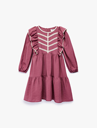 Uzun Kollu Bisiklet Yaka Volanlı Viskon Elbise