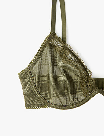 Dantel Detaylı Rahat Kalıp Ekose Desenli Dolgusuz Balenli Sütyen