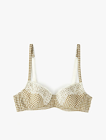 Rahat Kalıp Desteksiz Balenli Dantel Detaylı Kareli Sütyen