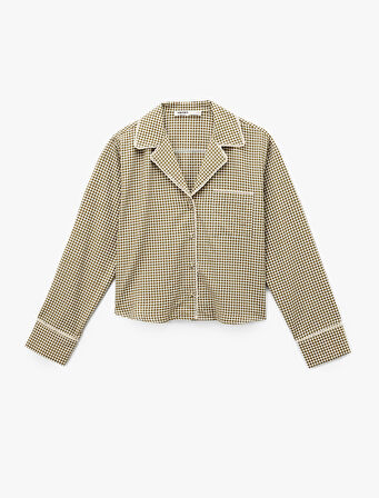 Rahat Kalıp Uzun Kollu Gömlek Yaka Crop Pijama Üstü