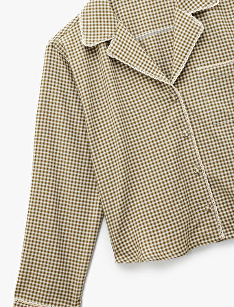 Rahat Kalıp Uzun Kollu Gömlek Yaka Crop Pijama Üstü