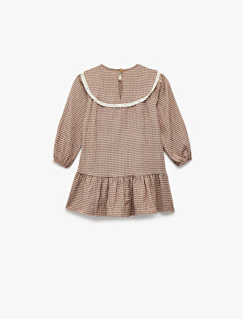 Uzun Kollu Bisiklet Yaka Pileli Pöti Kareli Elbise