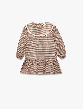 Uzun Kollu Bisiklet Yaka Pileli Pöti Kareli Elbise