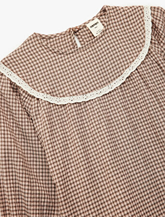 Uzun Kollu Bisiklet Yaka Pileli Pöti Kareli Elbise