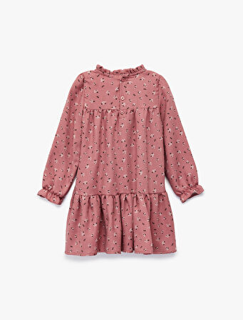 Uzun Kollu Dik Yaka Çiçek Desenli Viskon Elbise