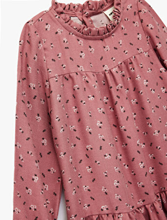 Uzun Kollu Dik Yaka Çiçek Desenli Viskon Elbise