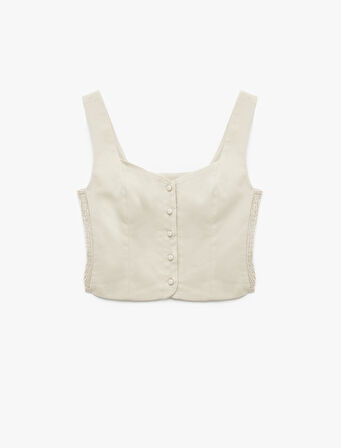 Gipeli Kare Yaka Düğmeli Kalın Askılı Keten Crop Bluz