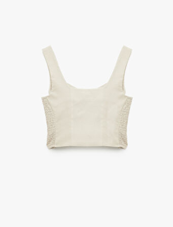 Gipeli Kare Yaka Düğmeli Kalın Askılı Keten Crop Bluz