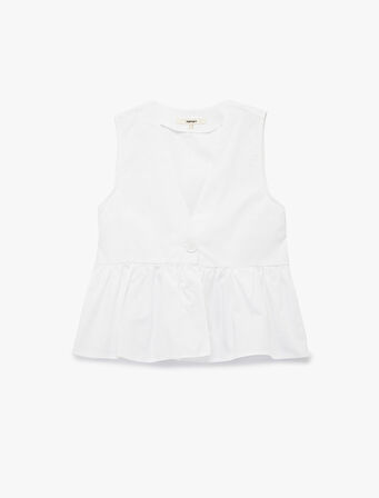Pamuklu V Yaka Peplum Düğme Detaylı Kolsuz Poplin Bluz