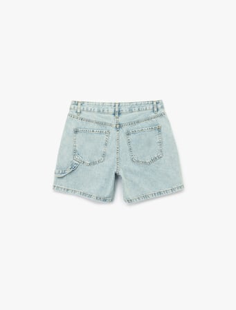 Pamuklu Chino Cepli Rahat Kalıp Düğmeli Mini Denim Şort