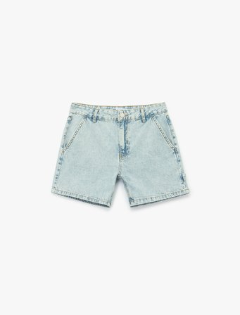 Pamuklu Chino Cepli Rahat Kalıp Düğmeli Mini Denim Şort