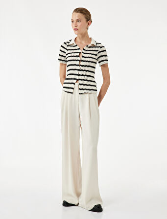 Kısa Kollu Düğmeli Ajurlu Polo Yaka Triko Hırka