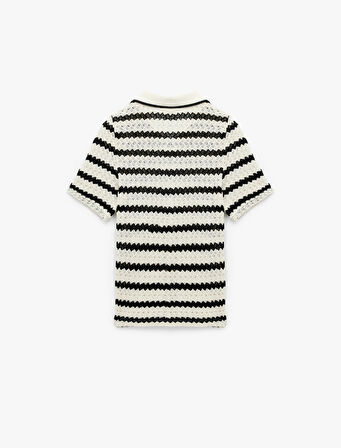 Kısa Kollu Düğmeli Ajurlu Polo Yaka Triko Hırka