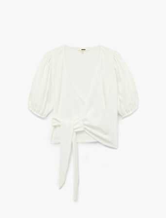 Bürümcük Kumaş Önden Bağlama Detaylı Kısa Balon Kollu Kruvaze Tişört