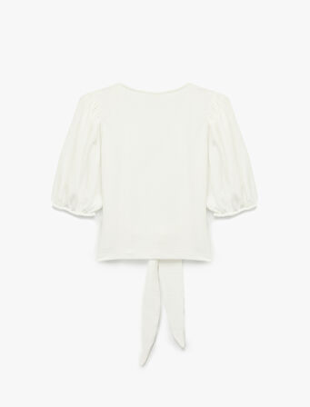 Bürümcük Kumaş Önden Bağlama Detaylı Kısa Balon Kollu Kruvaze Tişört