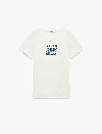 Dar Kalıp Kısa Kollu Bisiklet Yaka Pamuklu İşlemeli Tişört