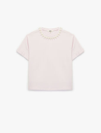 Pamuklu Kısa Kollu Bisiklet Yaka İnci İşlemeli Tişört