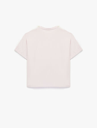 Pamuklu Kısa Kollu Bisiklet Yaka İnci İşlemeli Tişört