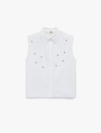 Regular Fit Klasik Yaka Pamuklu Kolsuz Taşlı Gömlek