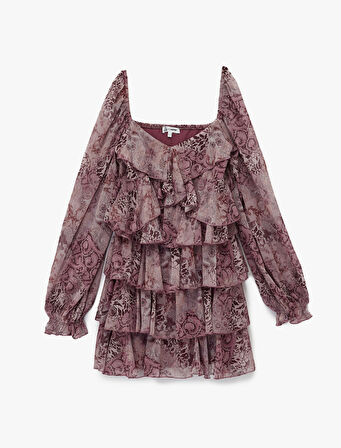 Uzun Balon Kollu V Yaka Katlı Fırfırlı Çiçekli Şifon Mini Elbise