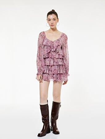 Uzun Balon Kollu V Yaka Katlı Fırfırlı Çiçekli Şifon Mini Elbise