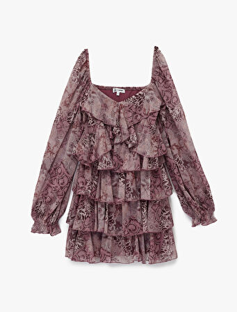 Uzun Balon Kollu V Yaka Katlı Fırfırlı Çiçekli Şifon Mini Elbise