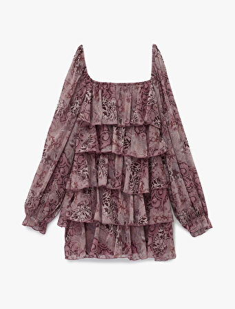 Uzun Balon Kollu V Yaka Katlı Fırfırlı Çiçekli Şifon Mini Elbise