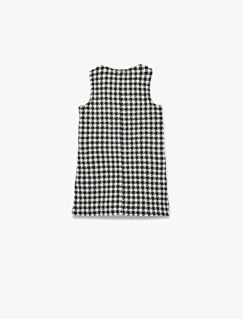 Rahat Kesim Kolsuz Kare Yaka Düğmeli Kareli Tüvit Elbise