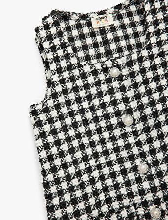 Rahat Kesim Kolsuz Kare Yaka Düğmeli Kareli Tüvit Elbise