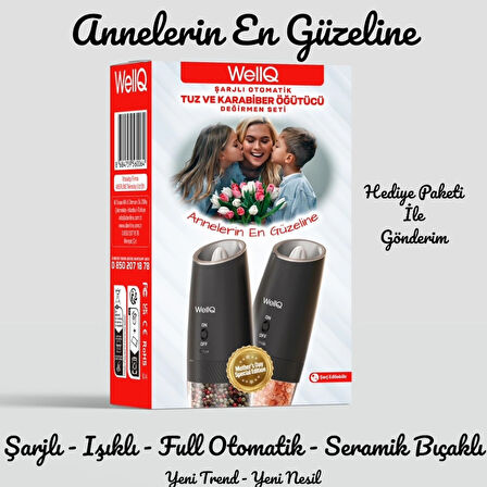 Şarlı Işıklı Full Otomatik Tuz Karabiber Değirmen Seti (2Li) Anneler Günü Özel Hediye Edition