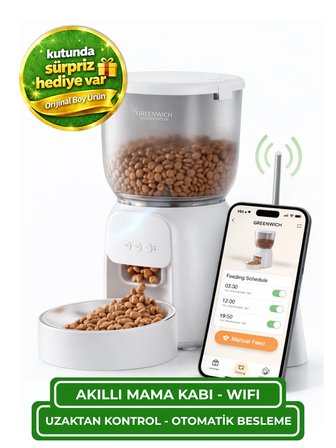 Greenwich Akıllı Otomatik Mama Kabı 4 L WiFi – Kedi ve Köpek İçin Uygulama Kontrollü Otomatik Mama Dağıtıcı, Zaman Ayarlı Akıllı Besleme Sistemi