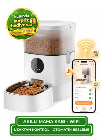 Greenwich Akıllı Otomatik Mama Kabı 4 L WiFi ve Ses Özellikli – Kedi ve Köpek İçin Uygulama Kontrollü Otomatik Mama Dağıtıcı