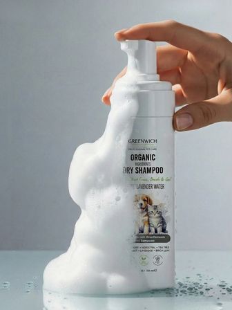 Greenwich Kedi ve Köpek Kuru Şampuanı 150 ml, Durulama Gerektirmeyen Vegan Temizleme Köpüğü, Banyo Aralarında Pratik Tüy Bakımı ve Ferah Görünüm Desteği